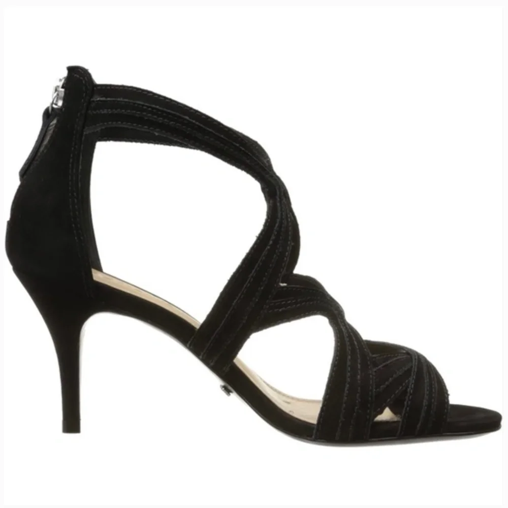Schutz Cayenne Black Suede Stiletto Heel Pump Ankle Strap Dtress Shoe Sandals 10
